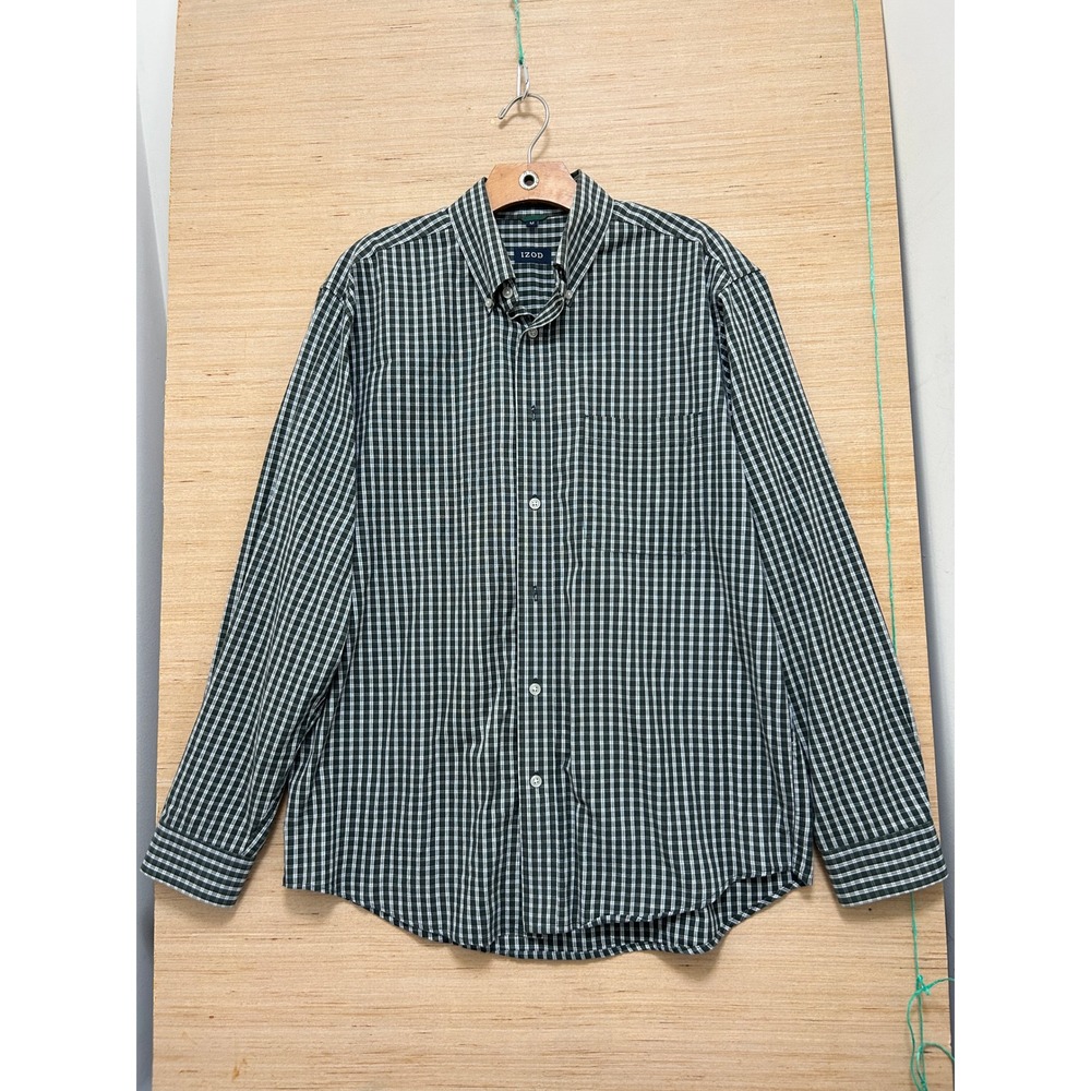 IZOD Mens Green Gingham Check Button Down Shirt 100% Cotton 80s 2-Ply Medium‎